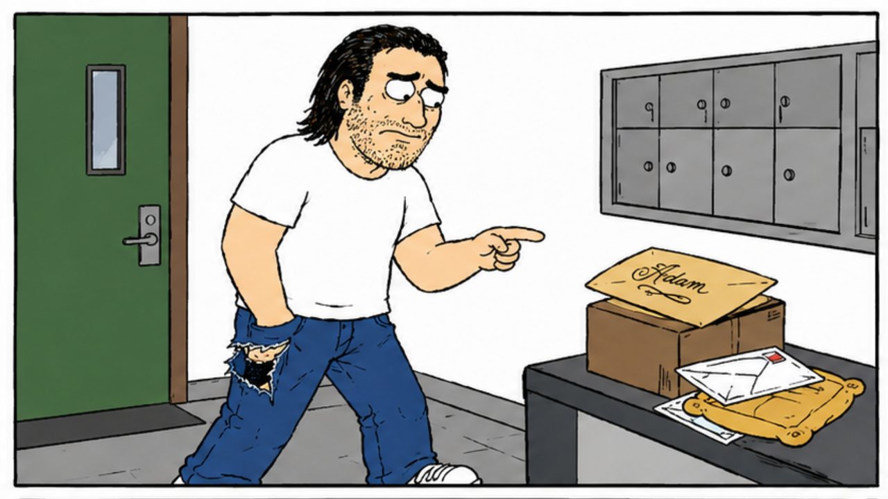 Cartoon: a man in torn jeans points in disbelief at an ornately addressed manila envelope resting on the package table of an apartment mailroom.