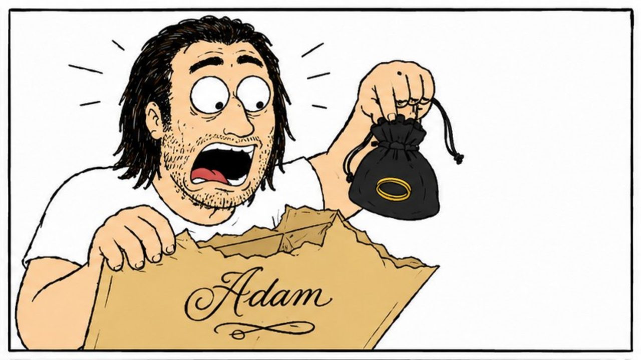 Cartoon: the man tears open the manila envelope and lifts out a small black jewelry pouch with a gold ring inside, eyes wide.