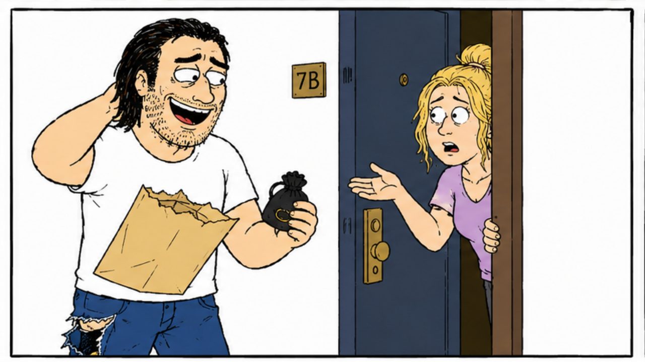 Cartoon: at apartment 7B, a woman peeks around her door while the beaming man holds up the pouch and the opened envelope.