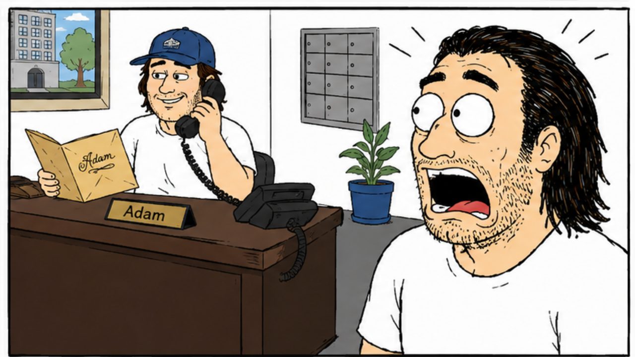 Cartoon: a front-office employee with an ADAM nameplate takes a phone call while the real Adam reacts open-mouthed beside the mailboxes.
