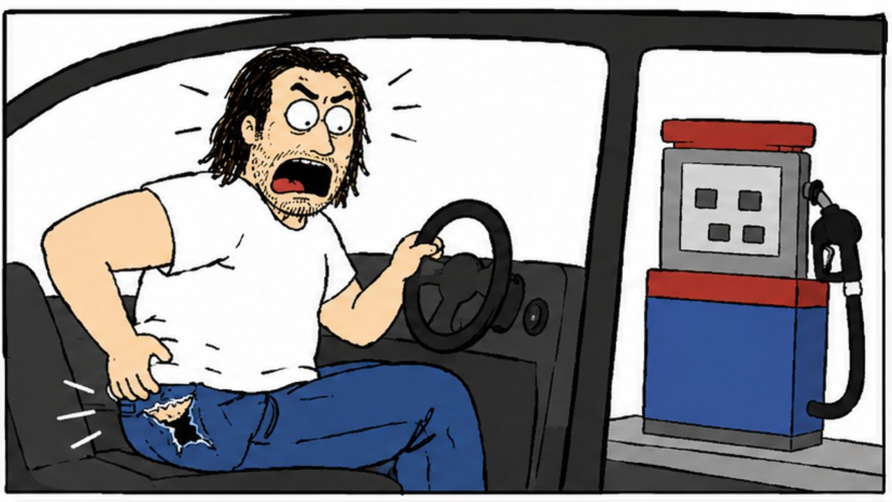 Cartoon: at a gas pump, the man pats his empty ripped pocket and panics behind the wheel of the car.