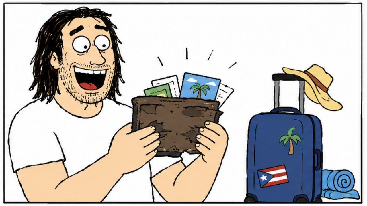 Cartoon: grinning, the man fans open the battered wallet — cards intact — beside a packed suitcase with palm-tree and Puerto Rico flag stickers.