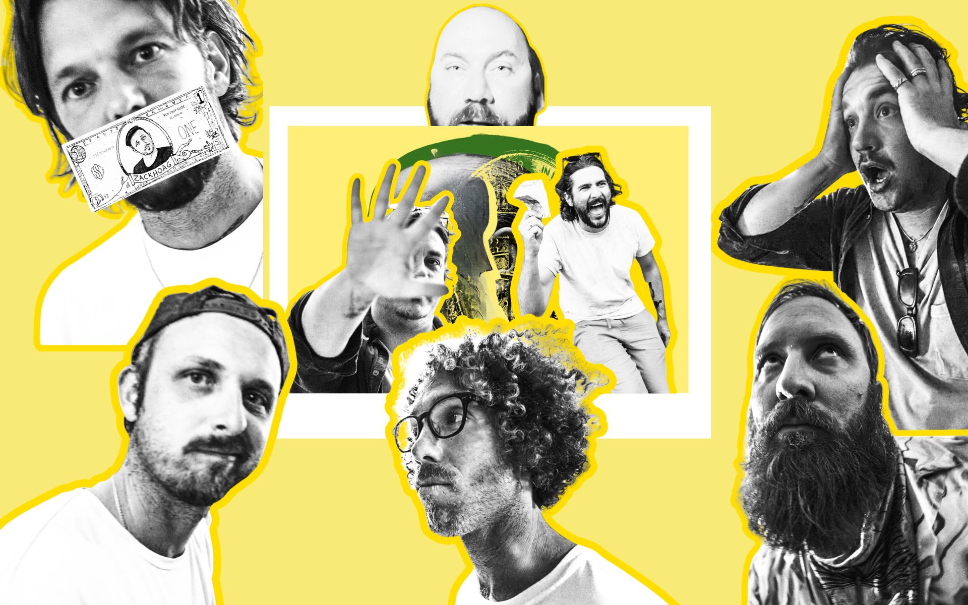 Yellow collage artwork: black-and-white cutout portraits of seven men react around a central framed panel in which one man blocks the camera and another laughs holding a note, in front of a large engraved coin; the man at top left has a one-unit Zack Back held over his mouth.