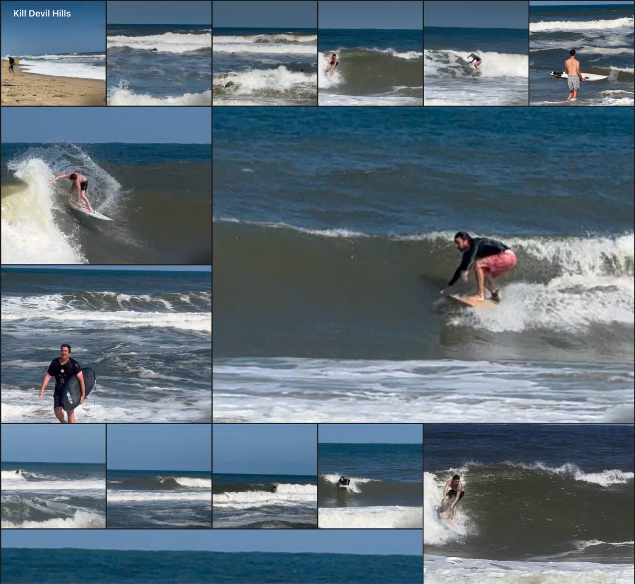 A grid of daylight surfing photographs in heavy shore break.